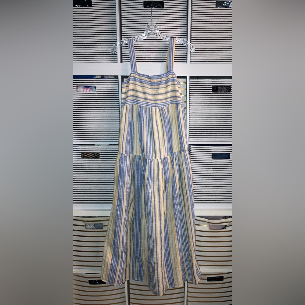 SHEIN Women’s Blue and Yellow Vertical Striped Tiered
Boho Maxi Sundress Small - Picture 9 of 9